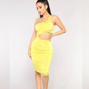 Fitted Midi Bodycon Cut Out One Shoulder Dress - Yellow - Small - Summer Club